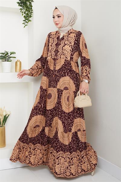 Mandala Desen Bordo Viskon Elbise