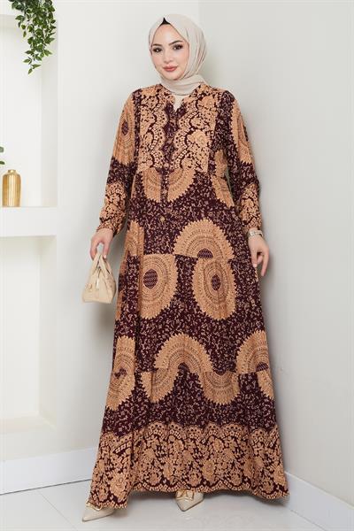 Mandala Desen Bordo Viskon Elbise