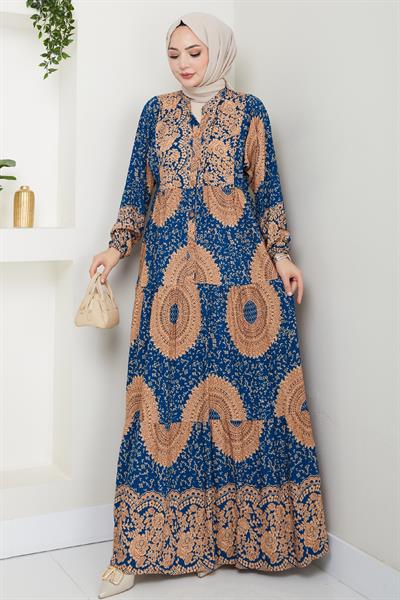 Mandala Desen İndigo Viskon Elbise