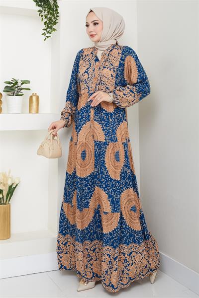 Mandala Desen İndigo Viskon Elbise