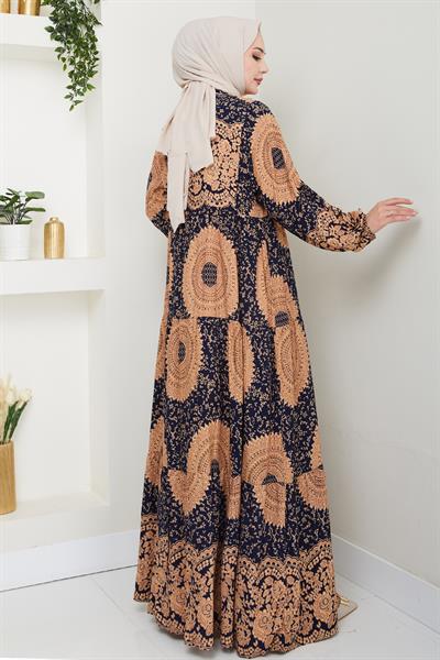 Mandala Desen Lacivert Viskon Elbise