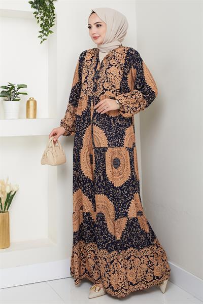 Mandala Desen Lacivert Viskon Elbise