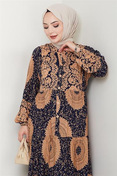 Mandala Desen Lacivert Viskon Elbise
