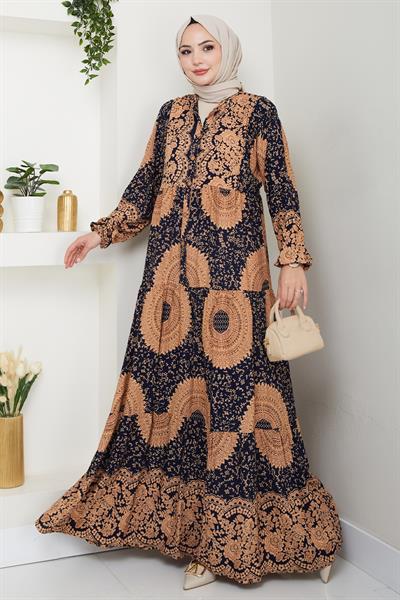 Mandala Desen Lacivert Viskon Elbise