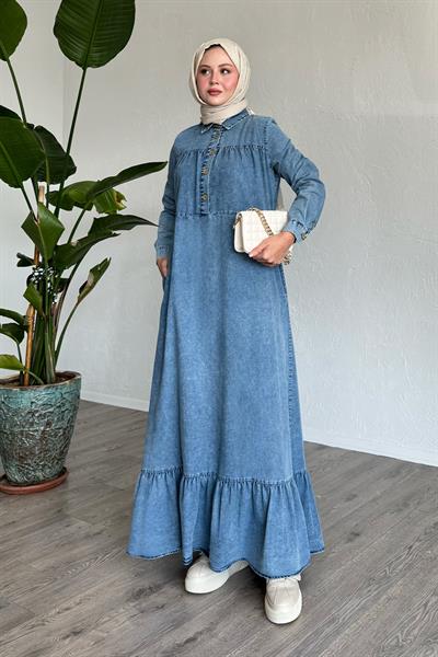 Mandes Robalı Fırfırlı Salaş Buz Mavisi Kot Elbise