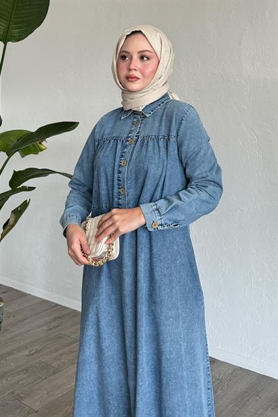 Mandes Robalı Fırfırlı Salaş Buz Mavisi Kot Elbise