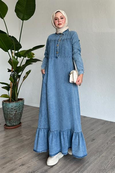 Mandes Robalı Fırfırlı Salaş Buz Mavisi Kot Elbise