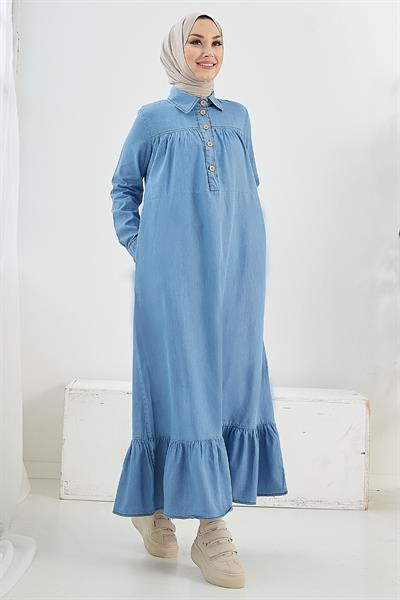 Mandes Robalı Fırfırlı Salaş Kot Elbise - Açık Mavi