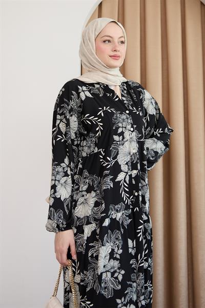 Mari Çiçeği Desenli Siyah Elbise