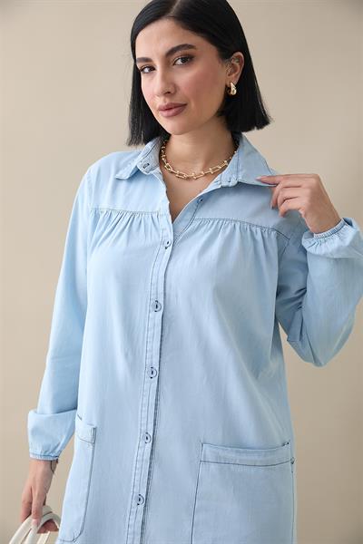 Mayra Robalı Cepli Kot Elbise - Açık Mavi