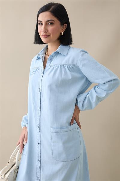 Mayra Robalı Cepli Kot Elbise - Açık Mavi