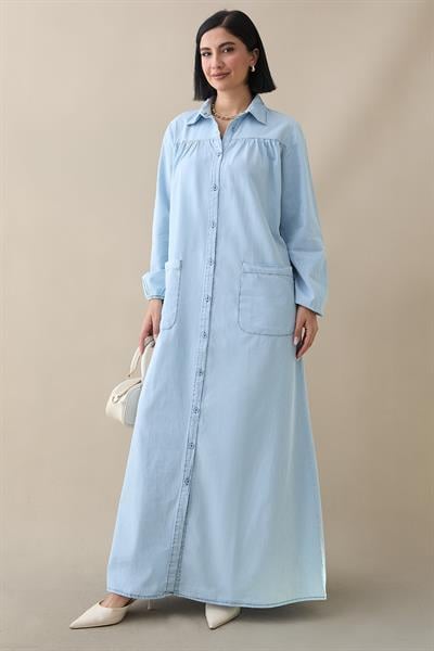 Mayra Robalı Cepli Kot Elbise - Açık Mavi