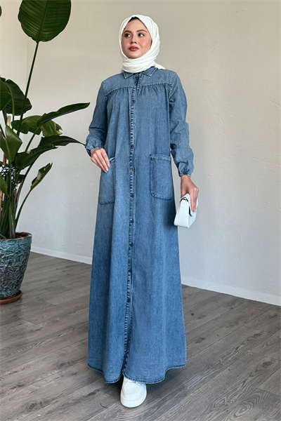 Mayra Robalı Cepli Kot Elbise - Buz Mavisi