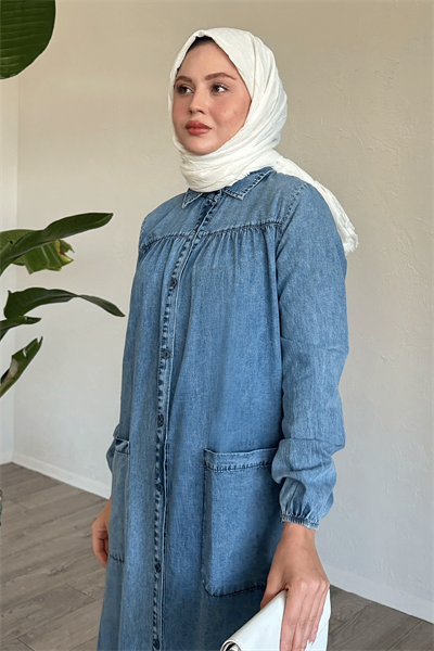 Mayra Robalı Cepli Kot Elbise - Buz Mavisi