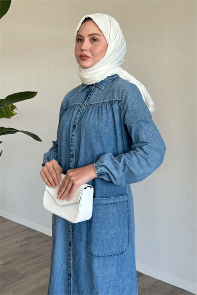 Mayra Robalı Cepli Kot Elbise - Buz Mavisi