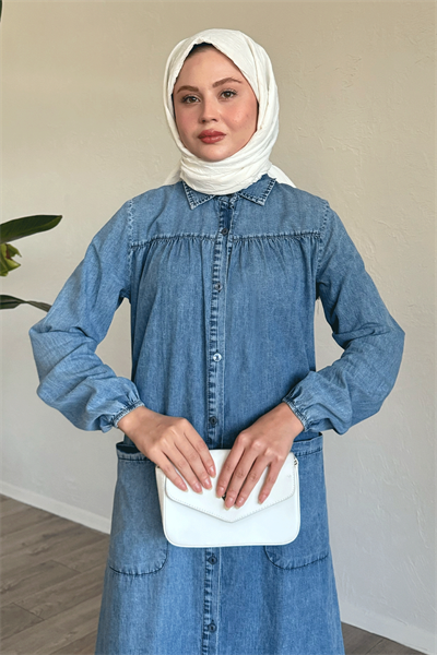 Mayra Robalı Cepli Kot Elbise - Buz Mavisi