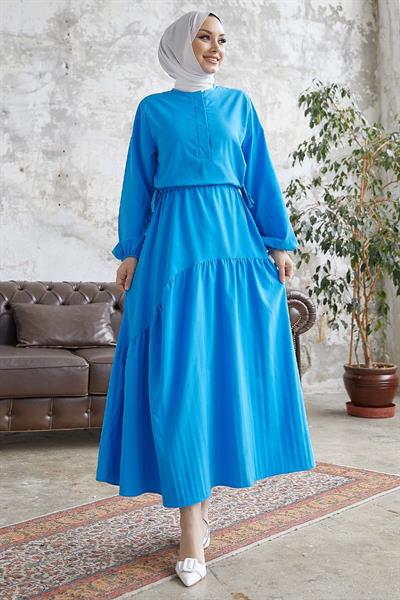 Merya Tünel Kemerli Soft Ayrobin Elbise - Mavi