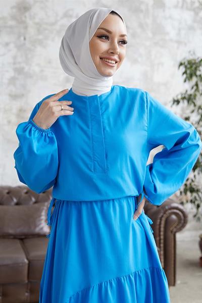 Merya Tünel Kemerli Soft Ayrobin Elbise - Mavi