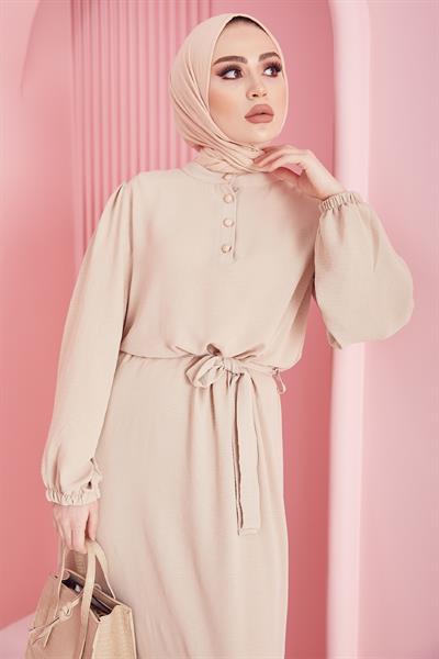 Meyra Düğmeli Bej Ayrobin Elbise