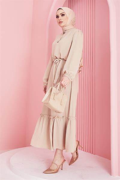 Meyra Düğmeli Bej Ayrobin Elbise
