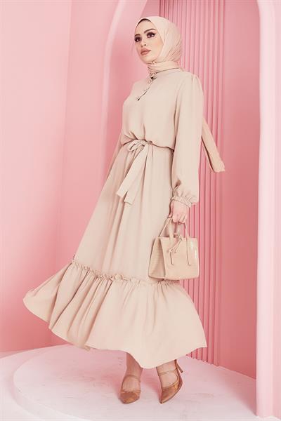 Meyra Düğmeli Bej Ayrobin Elbise