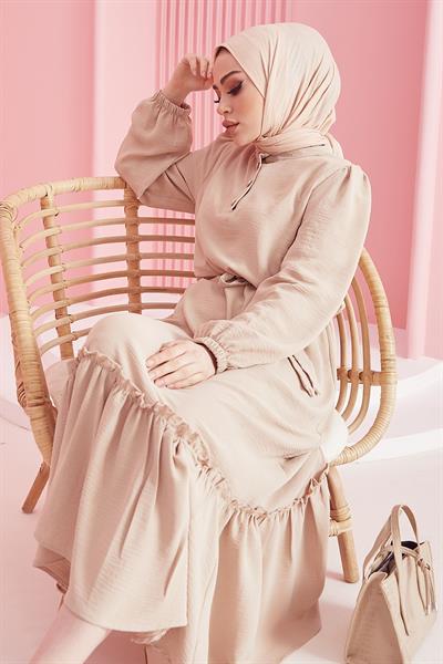 Meyra Düğmeli Bej Ayrobin Elbise