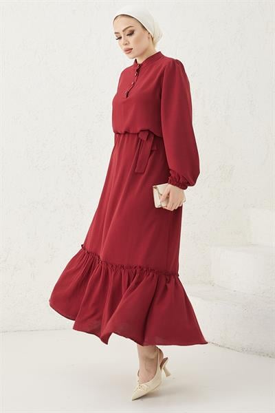 Meyra Düğmeli Bordo Ayrobin Elbise