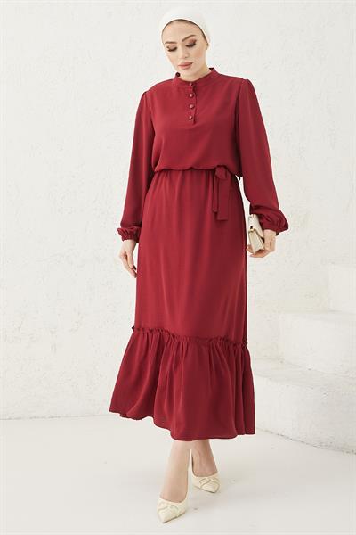 Meyra Düğmeli Bordo Ayrobin Elbise