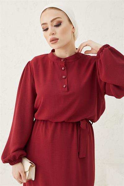 Meyra Düğmeli Bordo Ayrobin Elbise