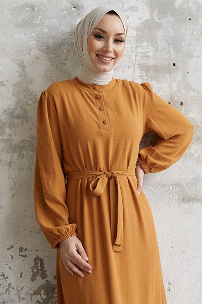 Meyra Düğmeli Hardal Ayrobin Elbise