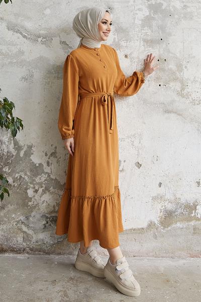 Meyra Düğmeli Hardal Ayrobin Elbise