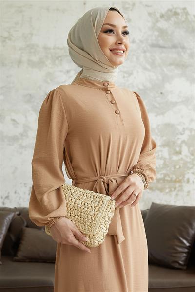 Meyra Düğmeli Sütlü Kahve Ayrobin Elbise