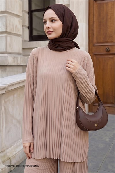 Mila Piliseli Pantolon Tunik Bej İkili Takım 