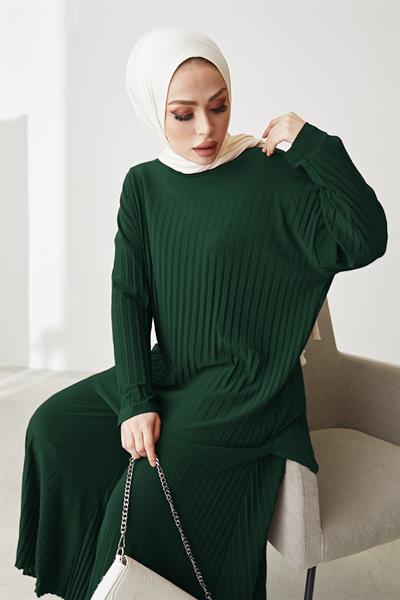 Mila Piliseli Pantolon Tunik İkili Zümrüt Yeşili Takım 