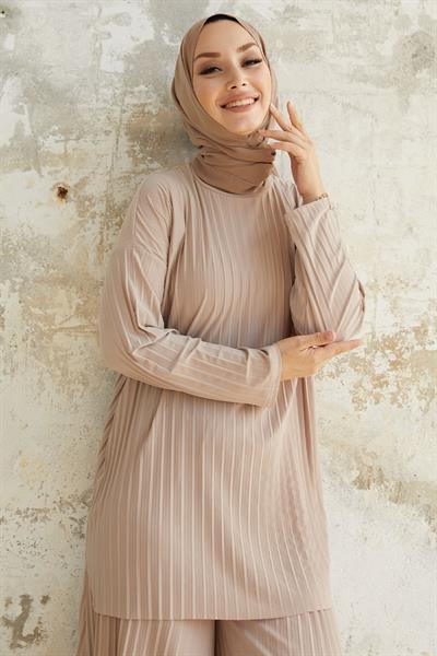 Mila Piliseli Pantolon Tunik Taş İkili Takım 