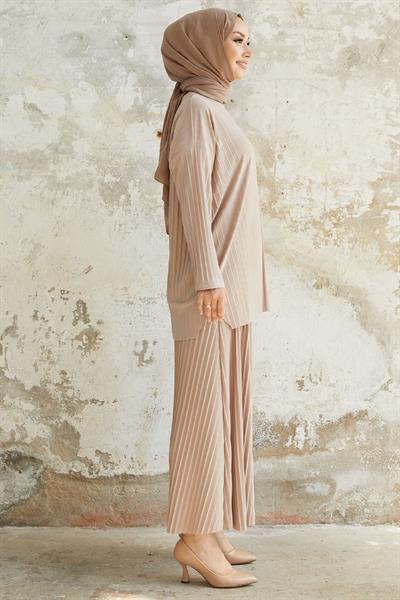 Mila Piliseli Pantolon Tunik Taş İkili Takım 