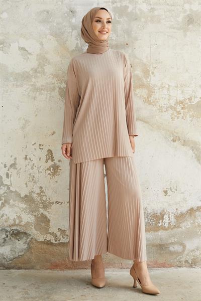 Mila Piliseli Pantolon Tunik Taş İkili Takım 