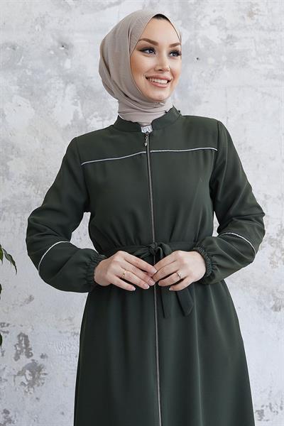 Milena Biye Detay Kuşaklı Haki Ferace