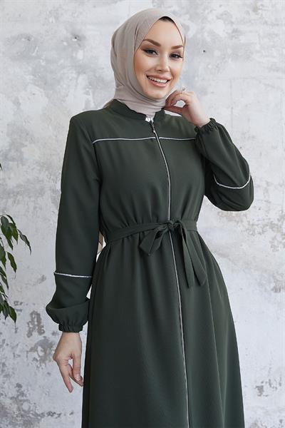 Milena Biye Detay Kuşaklı Haki Ferace