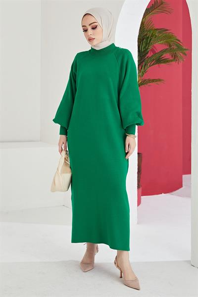 Mina Balon Kol Triko Elbise - Açık Yeşil