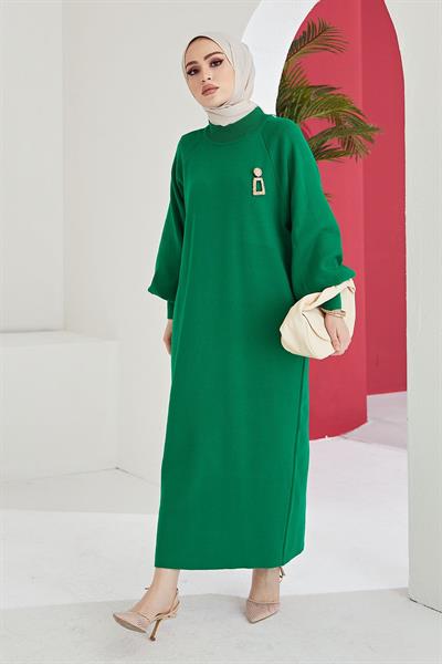 Mina Balon Kol Triko Elbise - Açık Yeşil