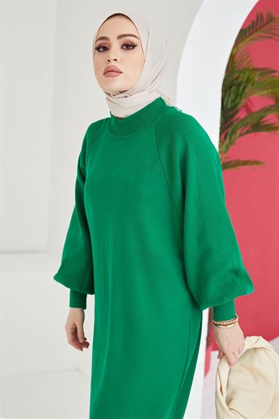 Mina Balon Kol Triko Elbise - Açık Yeşil