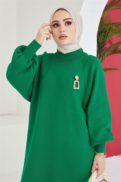 Mina Balon Kol Triko Elbise - Açık Yeşil