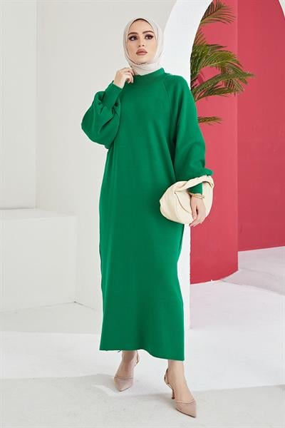 Mina Balon Kol Triko Elbise - Açık Yeşil