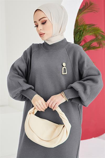 Mina Balon Kol Triko Elbise - Antrasit