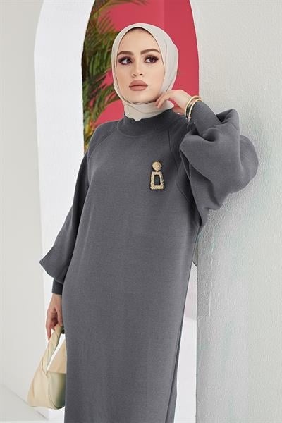 Mina Balon Kol Triko Elbise - Antrasit