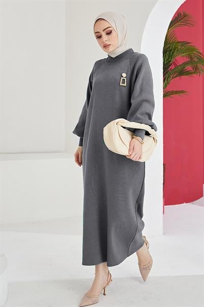Mina Balon Kol Triko Elbise - Antrasit
