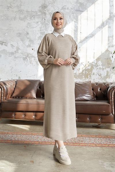 Mina Balon Kol Triko Elbise - Bej