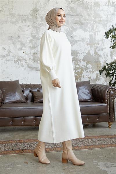 Mina Balon Kol Triko Elbise - Beyaz