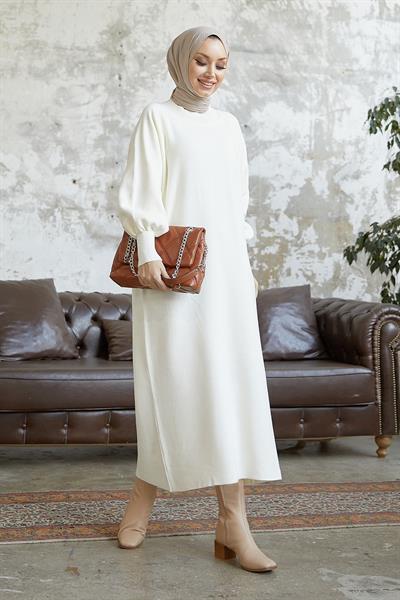 Mina Balon Kol Triko Elbise - Beyaz